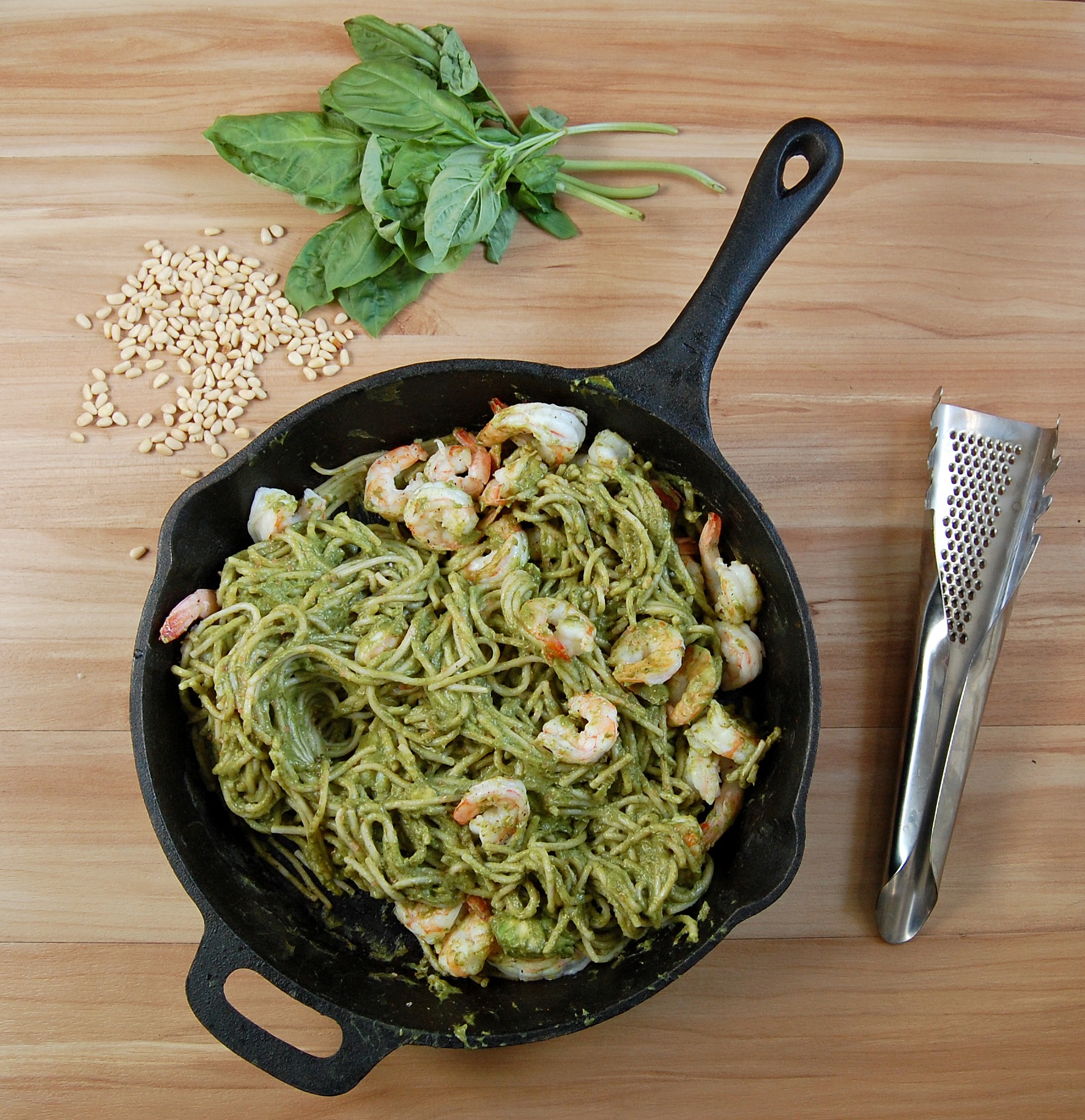 Creamy Avocado Pesto Linguini with Shrimp